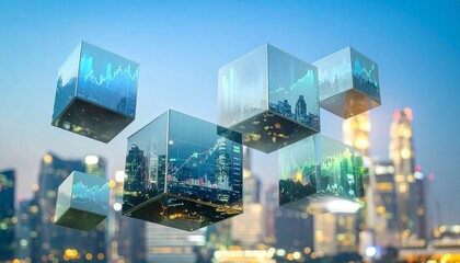 Floating holographic cubes reveal luminous skylines above water, symbolizing digital transformation, innovation, and the merging of real and virtual worlds in a vision of smart cities.