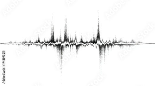 Sound wave pattern with peaks and troughs on a white background representing audio signal