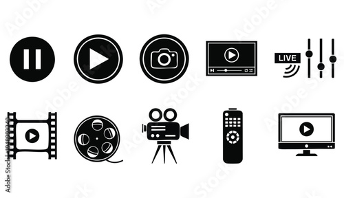 Video player icon set. Containing play or start button, pause or stop, media, camera, live, cinema, multimedia, film, handycam, clapperboard, movie, streaming or online video. Vector illustration