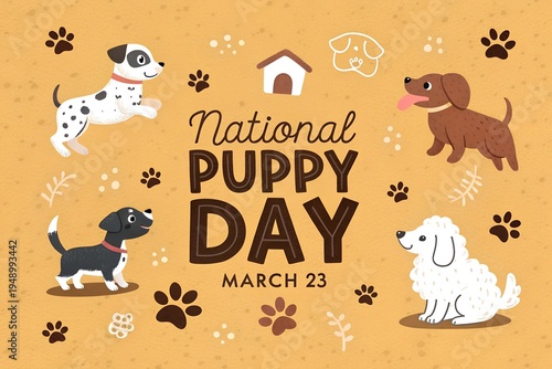 This delightful, warm-toned cartoon illustration celebrates national puppy day on march 23rd, showcasing four distinctively cute puppies, including a playful spotted dalmatian, a happy brown dog, a ch
