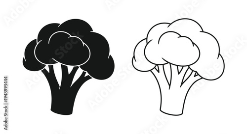 Black and white illustration depicting two broccoli florets side by side