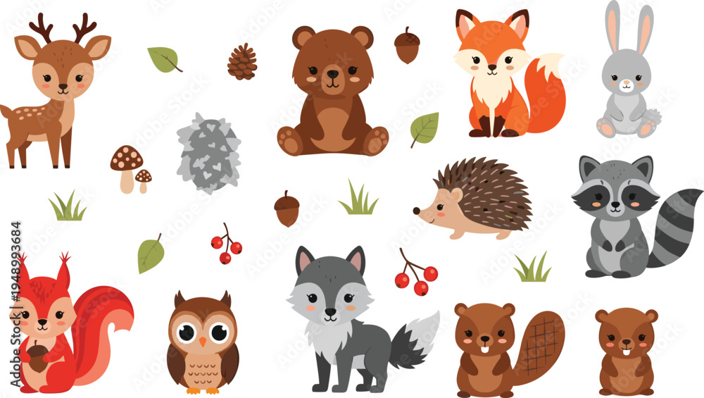 Fototapeta premium Cute Forest Animals Vector Illustration Set Featuring Deer, Bear, Fox, Rabbit, Hedgehog, Raccoon, Squirrel, Owl, Wolf, Beaver, and Woodland Elements.