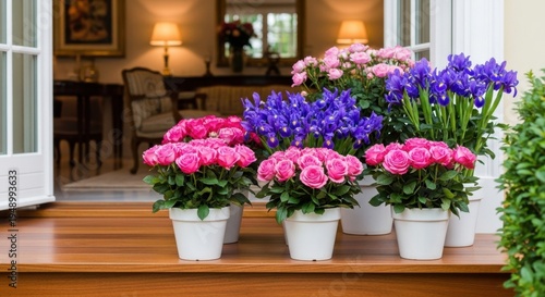 Vibrant Pink Roses and Purple Irises in White Pots Displayed on a Wooden Surface