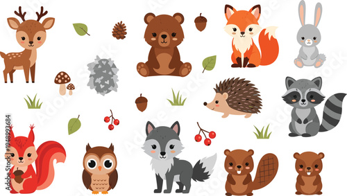 Cute Forest Animals Vector Illustration Set Featuring Deer, Bear, Fox, Rabbit, Hedgehog, Raccoon, Squirrel, Owl, Wolf, Beaver, and Woodland Elements.