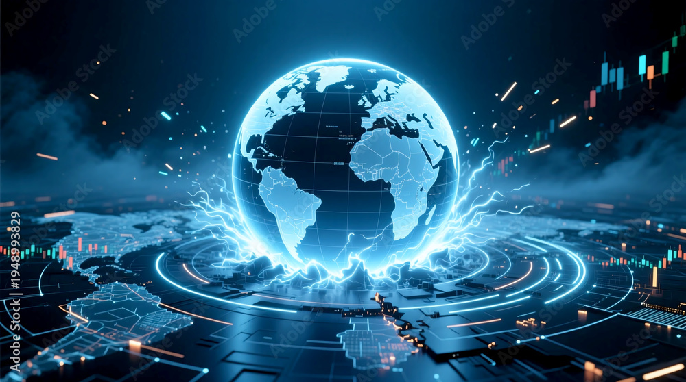 Fototapeta premium Global economy sphere with an economic shockwave showing the digital economic war impact on worldwide financial networks and market instability signaling global recession risk