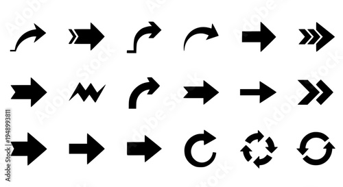 Arrows black set with curved and straight lines for direction and navigation icons featuring pointer symbols, vector