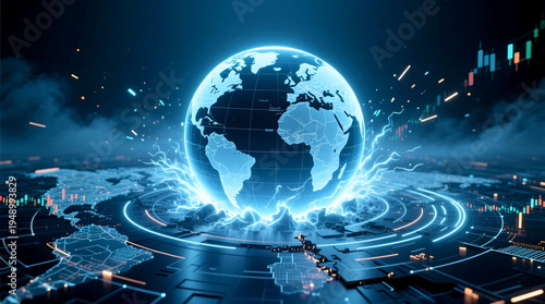 Global economy sphere with an economic shockwave showing the digital economic war impact on worldwide financial networks and market instability signaling global recession risk