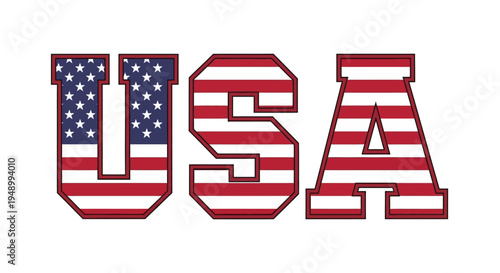 Bold, block letters spelling USA are filled with the distinctive red, white, and blue pattern of the American flag.