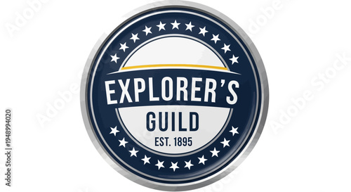 Explorer's Guild establishment badge graphic features vintage typography and a metallic border for adventure or organizational branding.