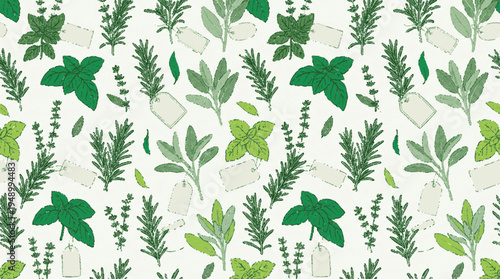 Herbs seamless pattern with basil and rosemary on white background for design