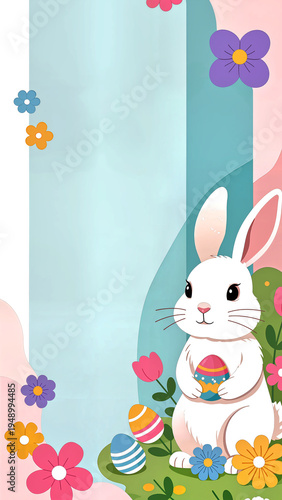 Vertical Easter banner with copy space on a soft blue and pink background. cute white bunny holding a decorated egg surrounded by vibrant spring flowers. Bright cartoon flat illustration style 