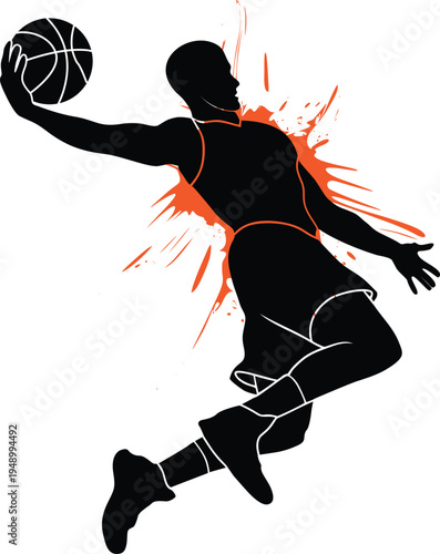 Basketball Player Dunk Silhouette Dynamic Athlete Jump Shot with Paint Splash