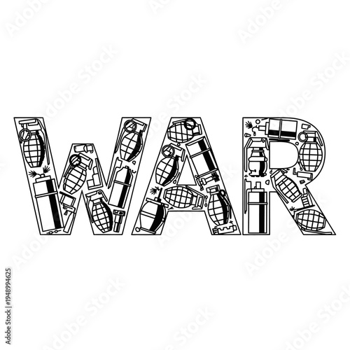 War concept with explosive weapons in bold letters isolated on white
