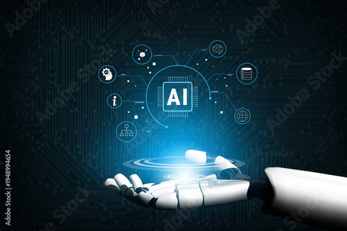The ecosystem of Artificial Intelligence (AI) core technology. A concept of an AI platform powering data analysis, machine learning, and global networks. Motif