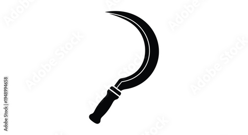 A black silhouette of a traditional farming sickle on a white background