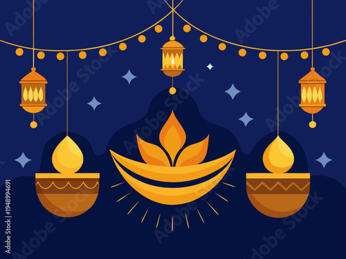 Happy Diwali An Indian happy family in diwali celebration Diwali Offer Banner Illustration Vector. Happy Deepawali.
