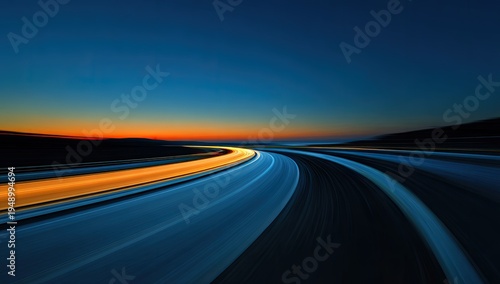 Winding road at twilight with streaks of light creating a sense of speed