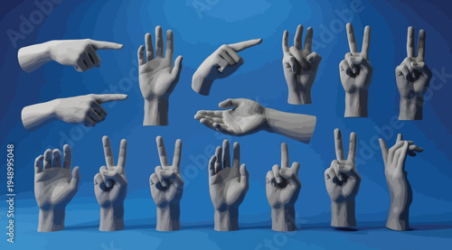 Collection of various hand gestures and pointing hands on blue background