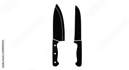 Two black silhouette kitchen knives one serrated against a white background