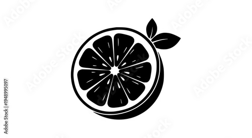 Lemon half silhouette with leaves, black outline illustration, citrus icon featuring fruit, vector, graphic with symbol