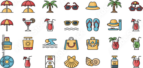 Summer Vacation Icon Set with Beach Umbrella, Palm Tree, Sunglasses, Flip Flops, Cocktail Drinks, Sunscreen and Travel Accessories for Holiday Design