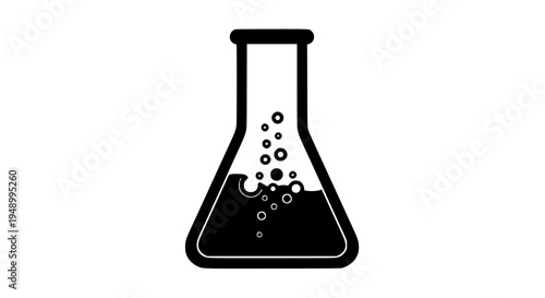 Erlenmeyer flask laboratory glassware with bubbling dark liquid and white bubbles featuring chemistry, science, lab