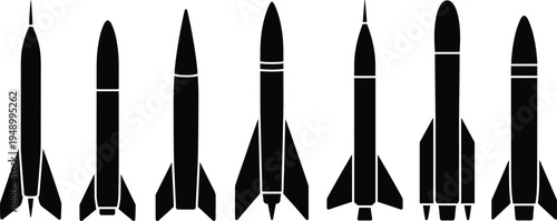 Collection of Silhouetted Rocket and Missile Icons of Varying Designs and Sizes space launch