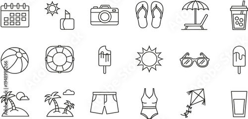 Summer Vacation Line Icon Set with Beach, Travel, Sun, Camera, Ice Cream and Holiday Elements for Tourism and Seasonal Design
