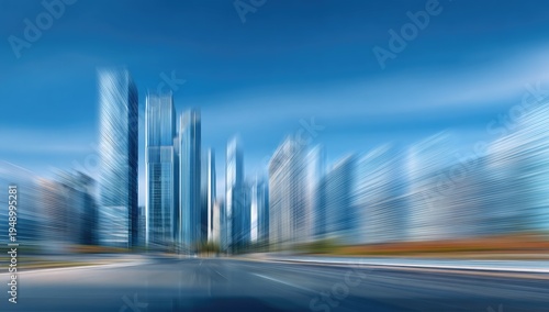 Speeding through a blurred, futuristic cityscape under a bright blue sky