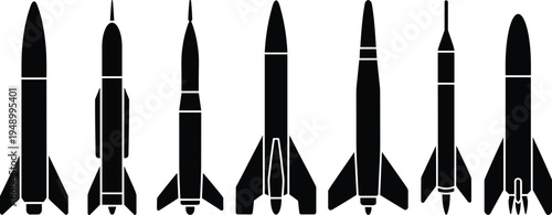 Diverse Group of Black Silhouette Icons Representing Rockets and Missiles space launch