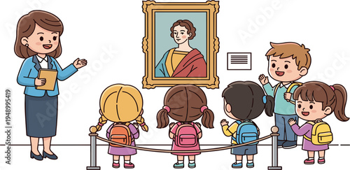 Teacher Guiding School Children Visiting Art Museum and Looking at Famous Painting, Kids Educational Field Trip Cartoon Vector Illustration