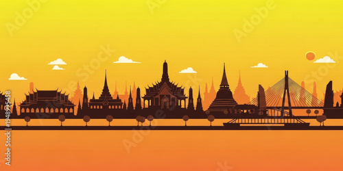 Thailand Landmark Skyline Silhouette with Temples and City Architecture at Sunset Scenic Asian Travel Destination Landscape Illustration Background Design