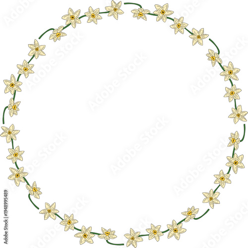 Round frame with hand drawn narcissus flower on white background.eps