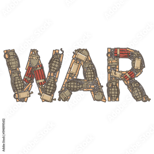 War concept with explosive military weapons on white background