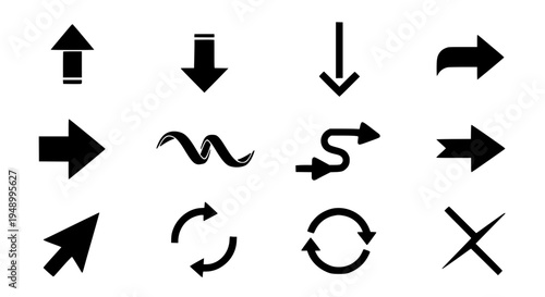 Arrows icon set with black curved and straight lines on white background featuring icons, direction, navigation with