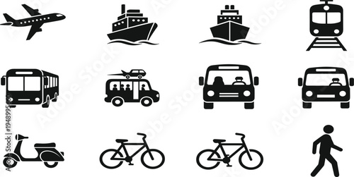 Transportation Icon Set with Airplane, Ship, Train, Bus, Car, Bicycle, Scooter and Pedestrian Symbols for Travel, Traffic and Mobility Design