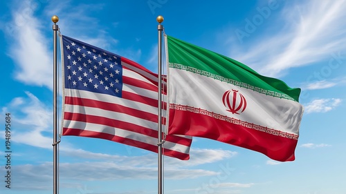 United states and iran national flags waving together against blue sky