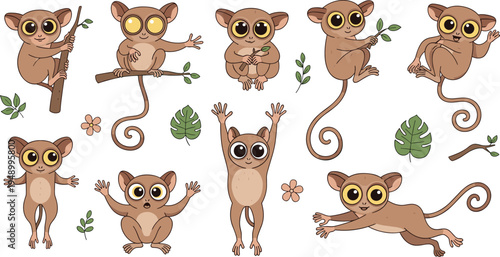 Tarsier Vector Illustration Set Featuring Cute Big Eyed Nocturnal Primates in Sitting, Jumping, and Climbing Poses for Tropical Wildlife Designs.