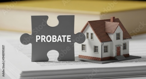A large puzzle piece with the word probate fitting into a small house model atop legal documents