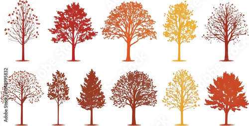 The image shows a collection of ten stylized trees arranged in two rows against a white background. Each tree has a distinct shape and color, representing different variations of trees in autumn. 