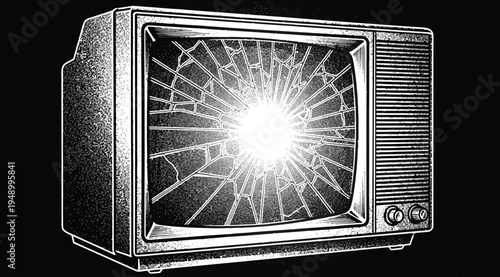 A black and white illustration of a vintage television with a cracked screen glowing brightly on a solid black background