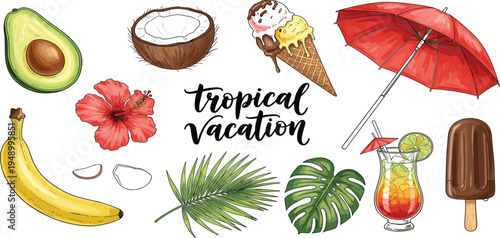 Tropical Vacation Vector Set with Exotic Fruits, Palm Leaves, Ice Cream, Cocktail, Red Umbrella, and Summer Beach Elements for Travel and Holiday Designs
