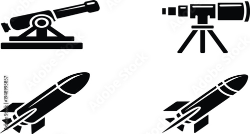 Four Black Silhouette Icons: Vintage Cannon, Telescope, and Two Rockets missile space