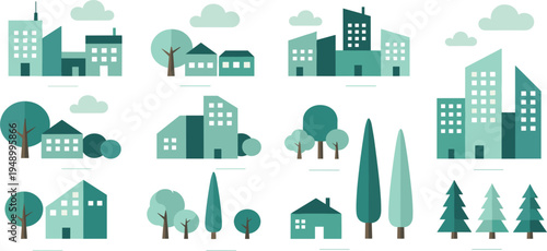 Urban Cityscape and House Buildings Vector Icon Set with Trees, Clouds and Modern Architecture for Real Estate, City Planning and Landscape Design