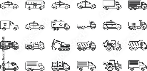 Vehicle Line Icon Set Featuring Taxi Bus Delivery Truck Dump Truck Excavator Tractor Ambulance and Construction Transport Icons for Logistics and Transportation Design