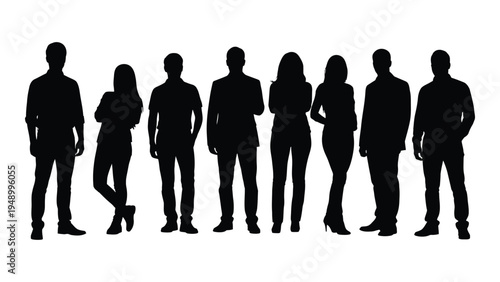 Diverse group of people standing together in silhouette form on white background for representation and inclusion concepts