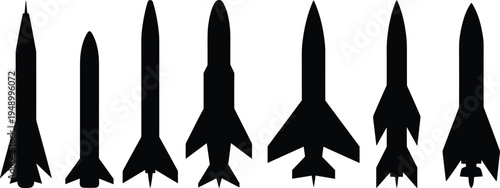 A collection of eight black silhouettes of different types of rockets and missiles lined up on a white background