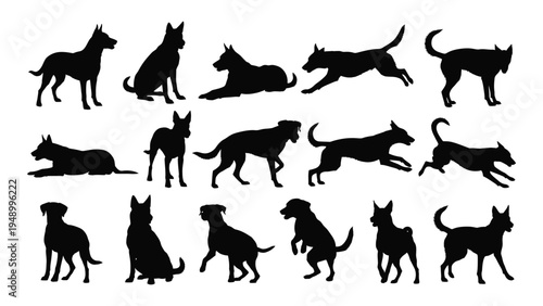 Collection of diverse dog silhouettes in various poses and breeds on white background for design and illustration