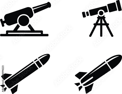 Set of four black silhouette icons depicting a cannon, a telescope, and two different rockets on a white background