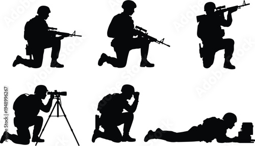 Six black silhouettes of soldiers in tactical poses with rifles and equipment on a white background